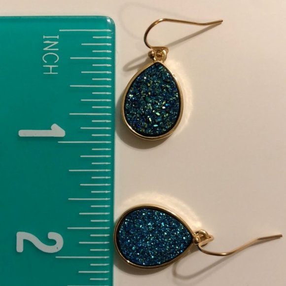 NEW! Sparkling Blue Faux Druzy Gemstone Gold Dangling Earrings - GIFT - Picture 4 of 5